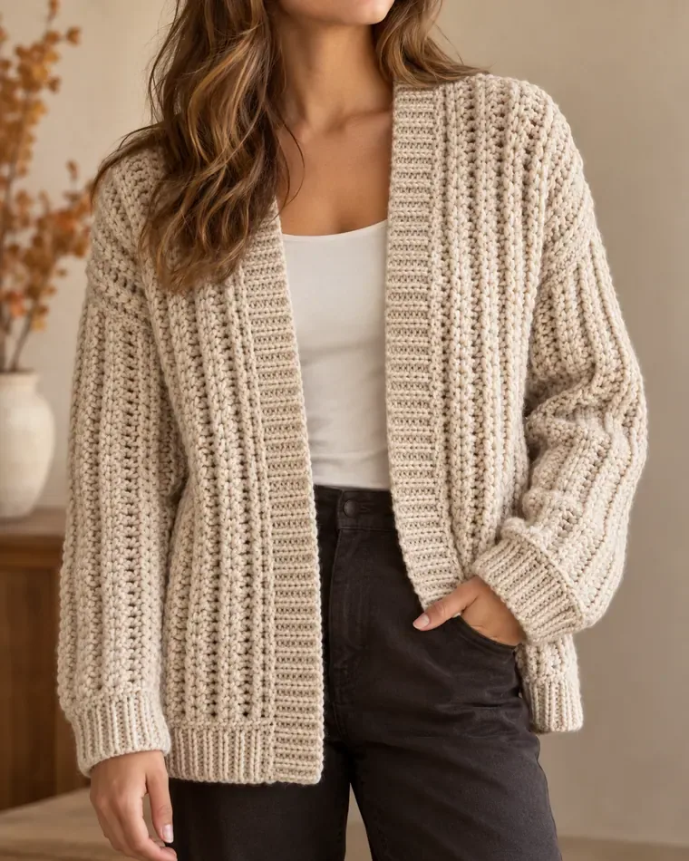 Oatmeal cream crochet brioche cardigan with raised vertical stitch columns and ribbed edges