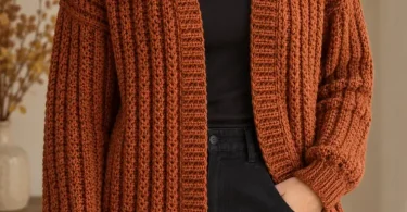 Burnt sienna crochet brioche cardigan with raised vertical stitch columns and ribbed edges