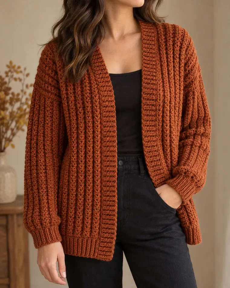 Burnt sienna crochet brioche cardigan with raised vertical stitch columns and ribbed edges