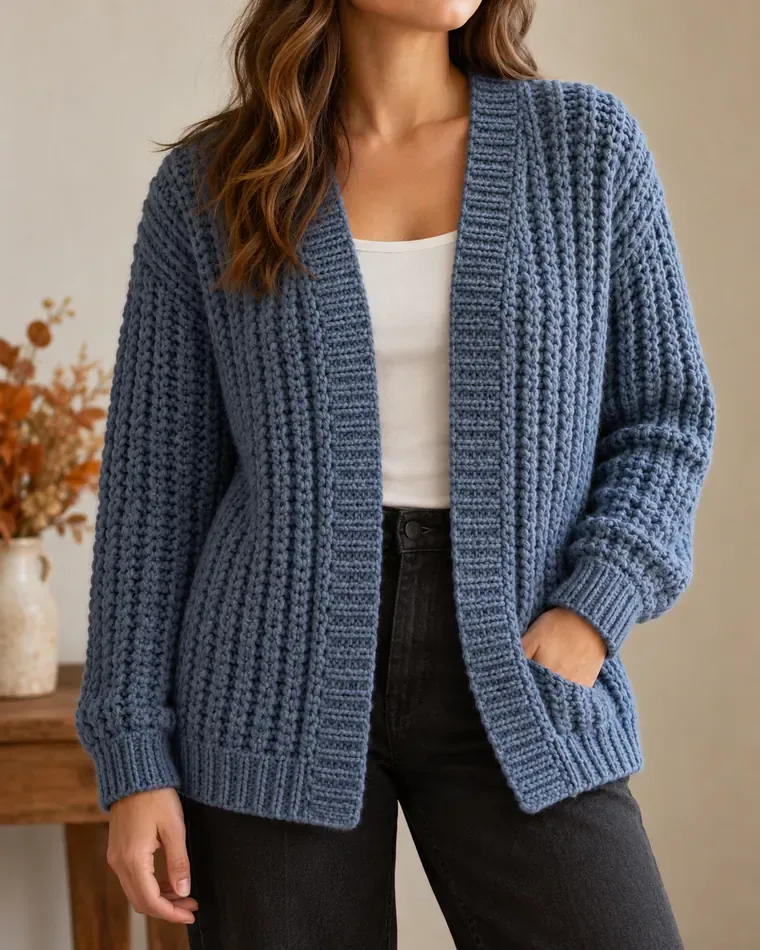 Slate blue crochet brioche cardigan with raised vertical stitch columns and ribbed edges
