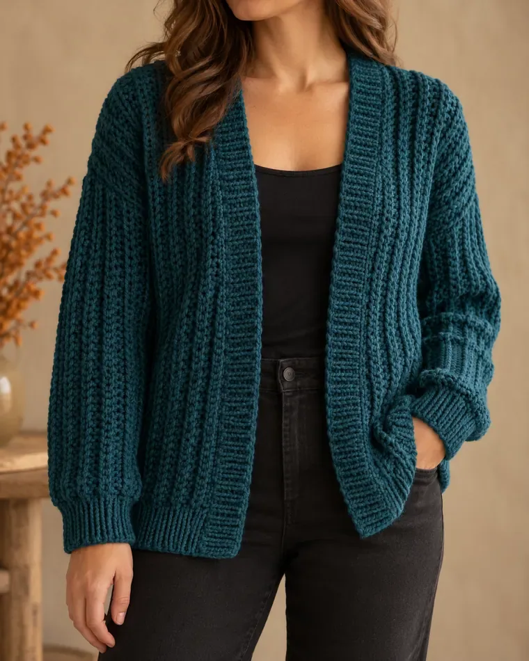 Deep teal crochet brioche cardigan with raised vertical stitch columns and ribbed edges