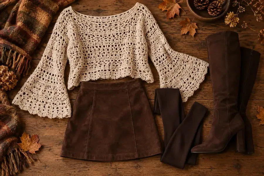 Ivory bell-sleeve crochet sweater styled with a brown suede mini skirt, tights, and tall boots