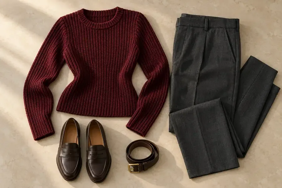 Burgundy ribbed crochet sweater styled with charcoal tailored trousers, loafers, and a leather belt