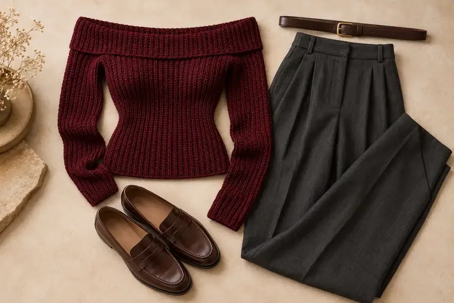 Burgundy ribbed crochet sweater arranged with charcoal pleated trousers and loafers
