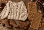 Textured cream crochet sweater styled with camel corduroy trousers and suede ankle boots
