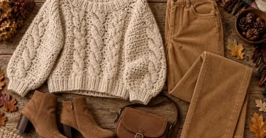 Textured cream crochet sweater styled with camel corduroy trousers and suede ankle boots