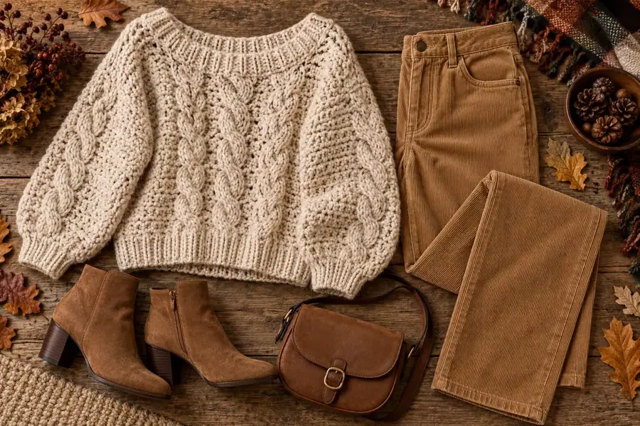 Textured cream crochet sweater styled with camel corduroy trousers and suede ankle boots