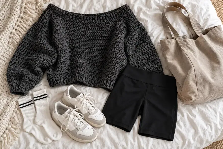 Charcoal crochet sweater styled with black bike shorts, crew socks, and white sneakers