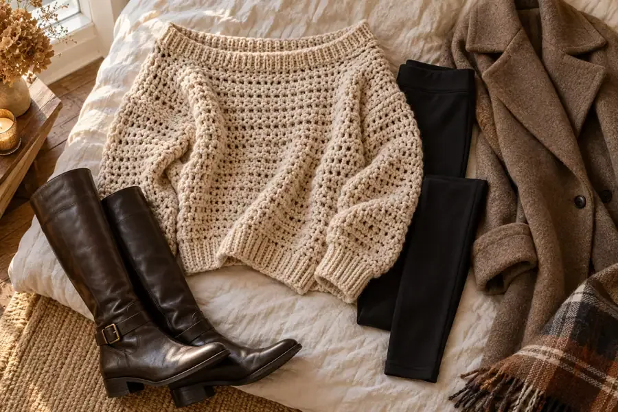 Chunky oatmeal crochet sweater styled with black leggings and tall dark boots