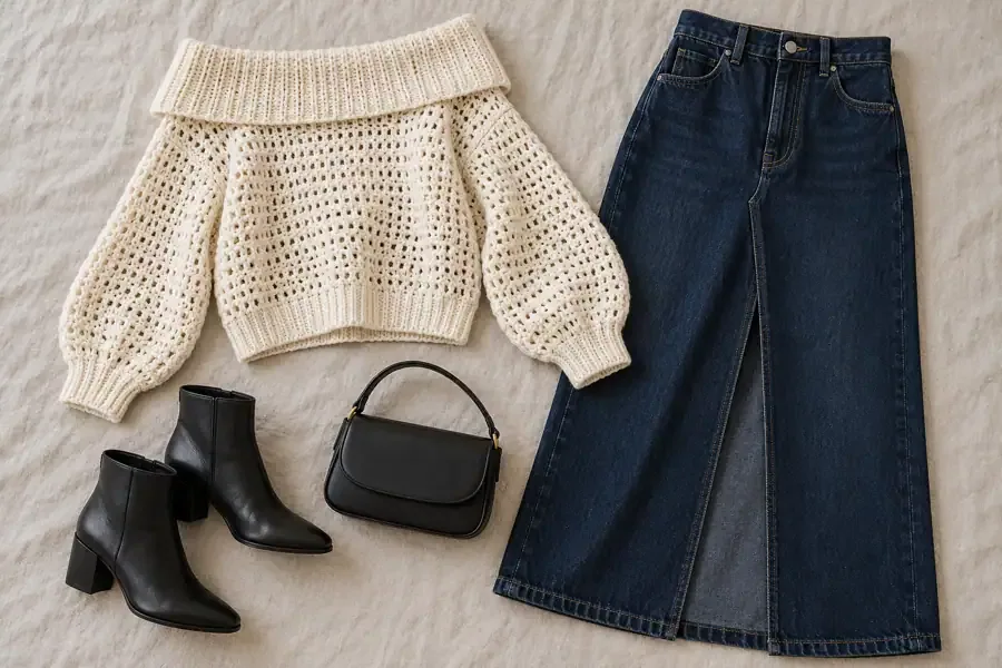 Cream crochet sweater styled with a dark indigo denim maxi skirt and black ankle boots