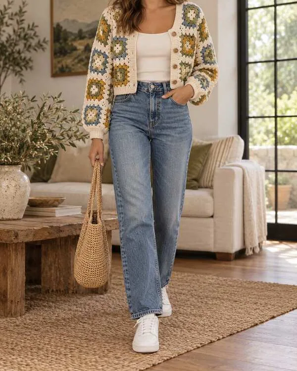 Cropped granny-square crochet button cardigan in muted cream, mustard, sage and blue, styled with straight jeans and white sneakers.
