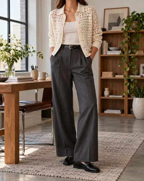 Cream collared lace-stitch crochet button cardigan with wide-leg charcoal trousers, camisole and loafers.