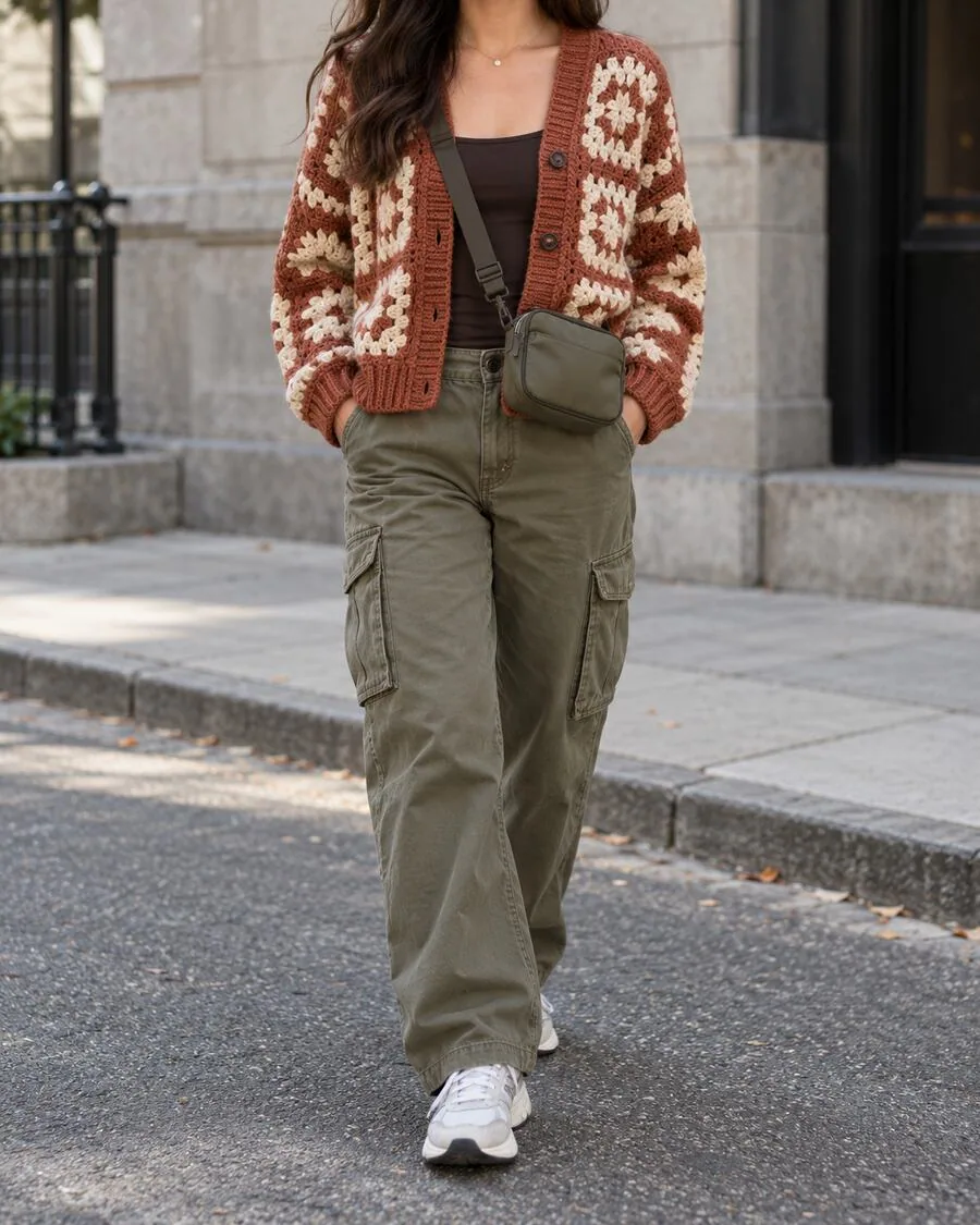 Muted rust-and-cream crochet button cardigan with ribbed hem and olive cargo trousers.