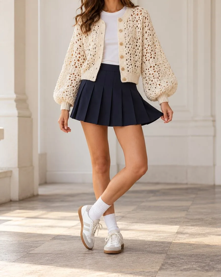 Cream balloon-sleeve crochet button cardigan with navy pleated tennis skirt, white tee and retro sneakers.