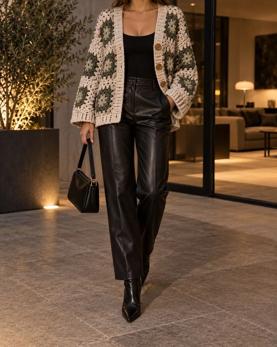 Oatmeal and moss hexagon-construction crochet cardigan with buttons and black leather-look trousers.