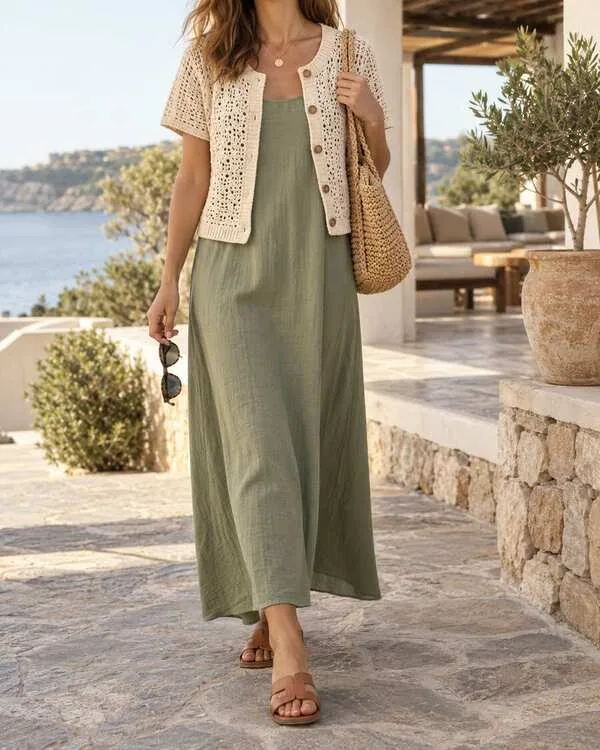 Short-sleeve cream crochet button cardigan over a sage sleeveless maxi dress with sandals.