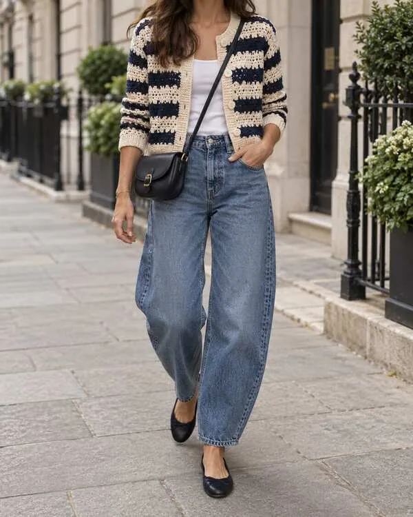 Cream-and-navy striped crochet button cardigan with curved barrel jeans, white tank and ballet flats.