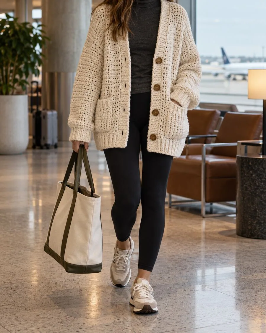 Oversized chunky cream crochet button cardigan over a charcoal mock-neck and black leggings.