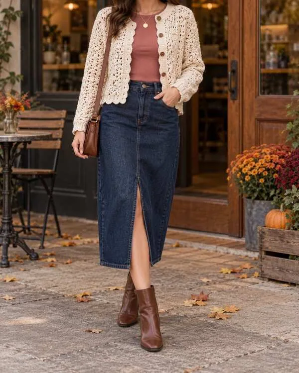 Cream crochet button cardigan with scalloped edges over a fitted rose top and straight denim midi skirt.