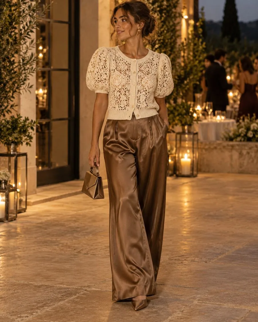 Ivory puff-sleeve crochet button cardigan paired with bronze satin wide-leg trousers and low heels.
