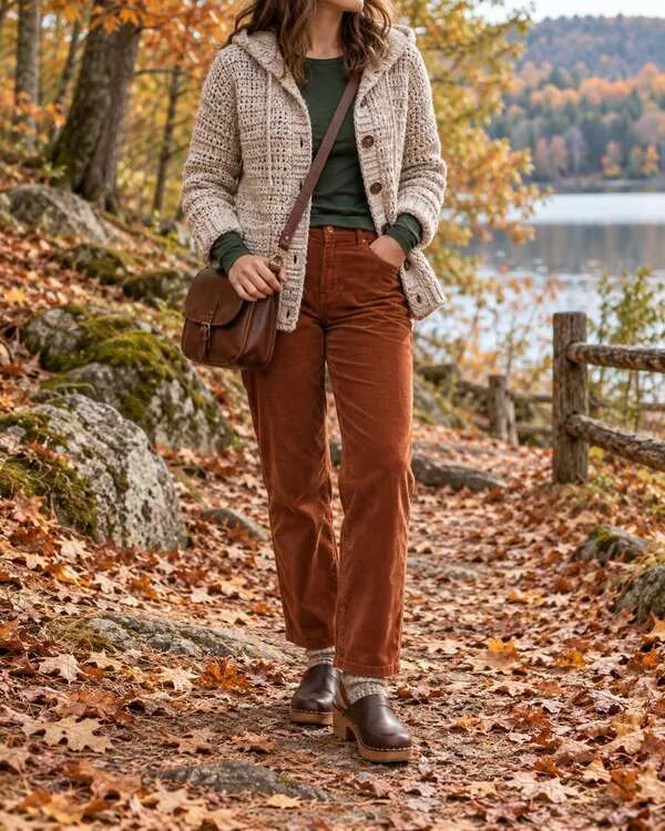 Oatmeal hooded crochet button cardigan over a forest-green top and rust corduroy trousers.