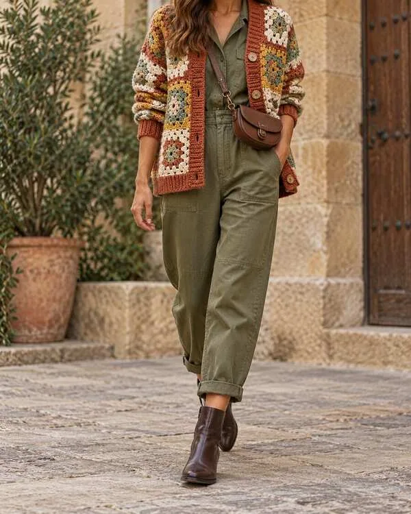 Mosaic crochet button cardigan in terracotta, mustard, cream and sage over an olive utility jumpsuit.