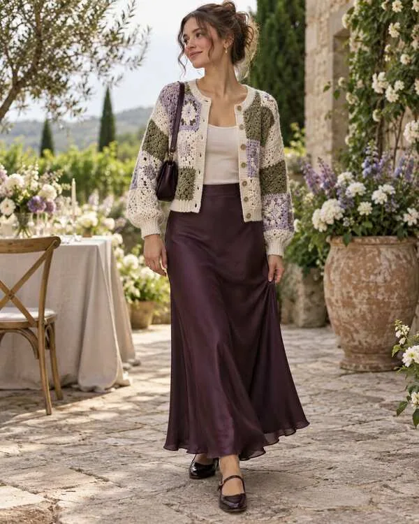 Muted patchwork crochet button cardigan over a fitted tank with a deep-plum bias-cut maxi skirt.