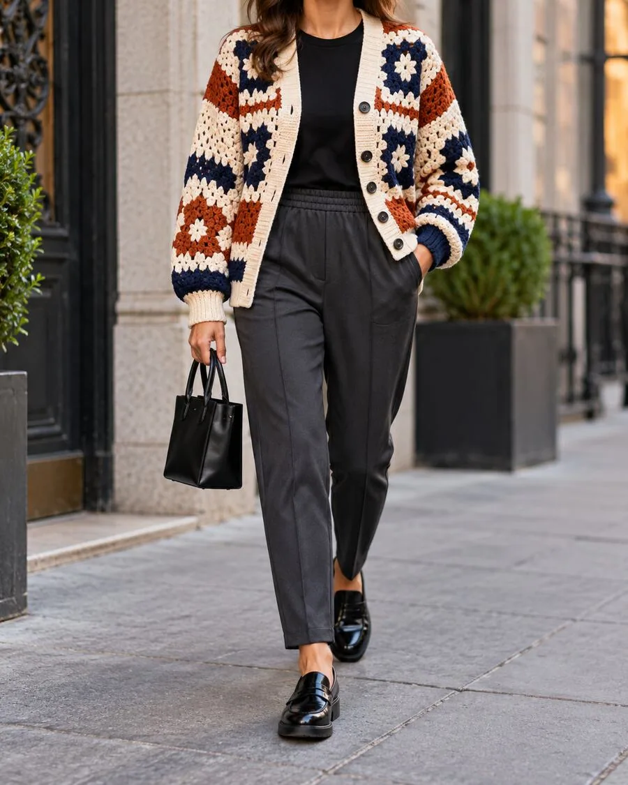 Color-block crochet button cardigan in cream, rust and navy with charcoal track pants and loafers.