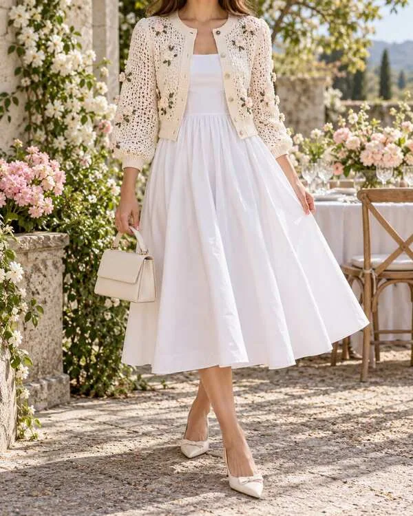 Cream crochet button cardigan with raised floral appliqués over a crisp white poplin midi dress.