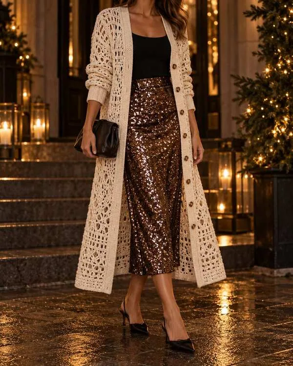 Long cream crochet button cardigan worn open over a black fitted top and bronze sequin midi skirt.