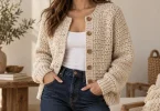 Oatmeal crochet button cardigan styled over a simple top with dark jeans