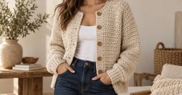 Oatmeal crochet button cardigan styled over a simple top with dark jeans
