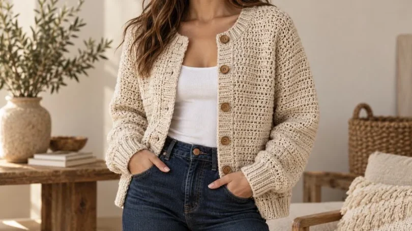 Oatmeal crochet button cardigan styled over a simple top with dark jeans