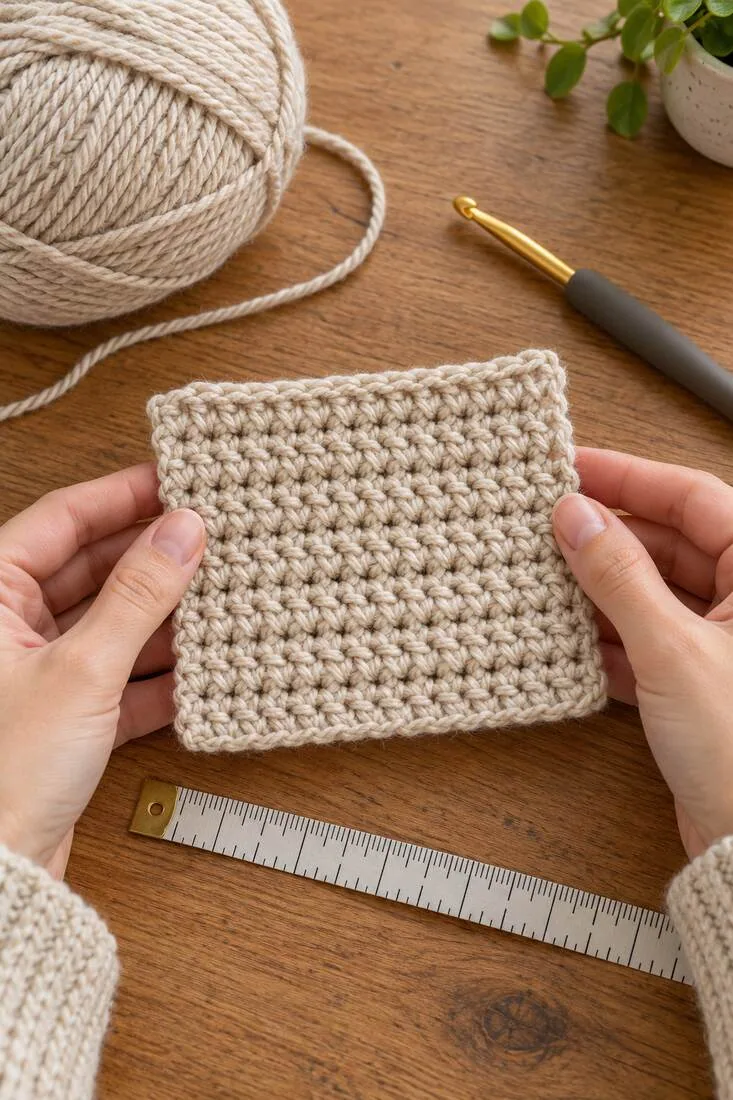 Wetherby Crop Cardigan: Free Pattern Guide & Size Chart 3 Hands measuring an oatmeal crochet swatch beside yarn and a crochet hook