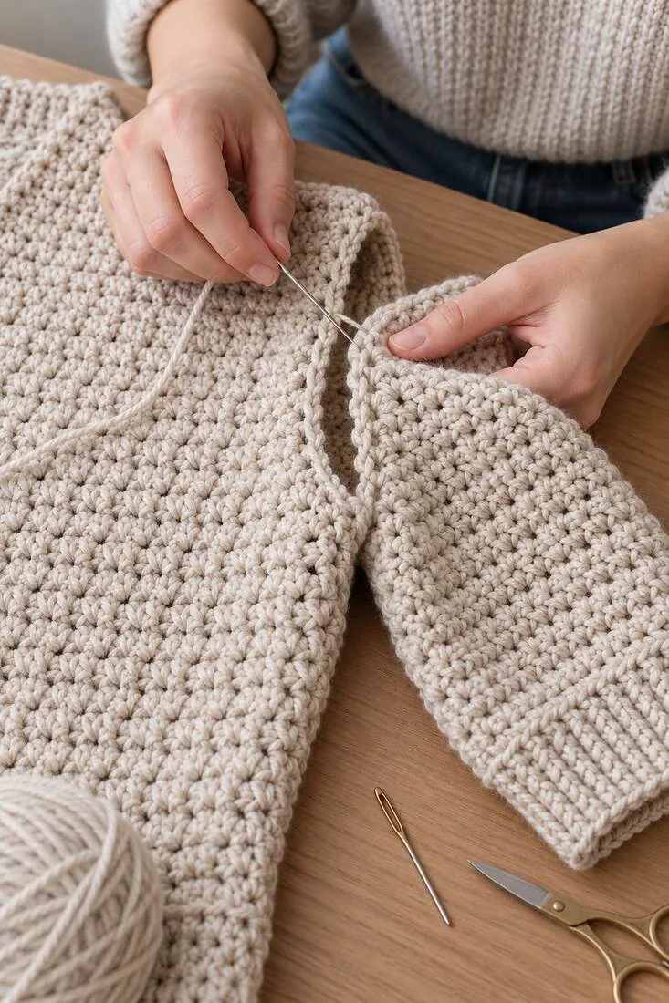 Wetherby Crop Cardigan: Free Pattern Guide & Size Chart 4 Hands sewing a crochet sleeve into the cardigan armhole with a tapestry needle