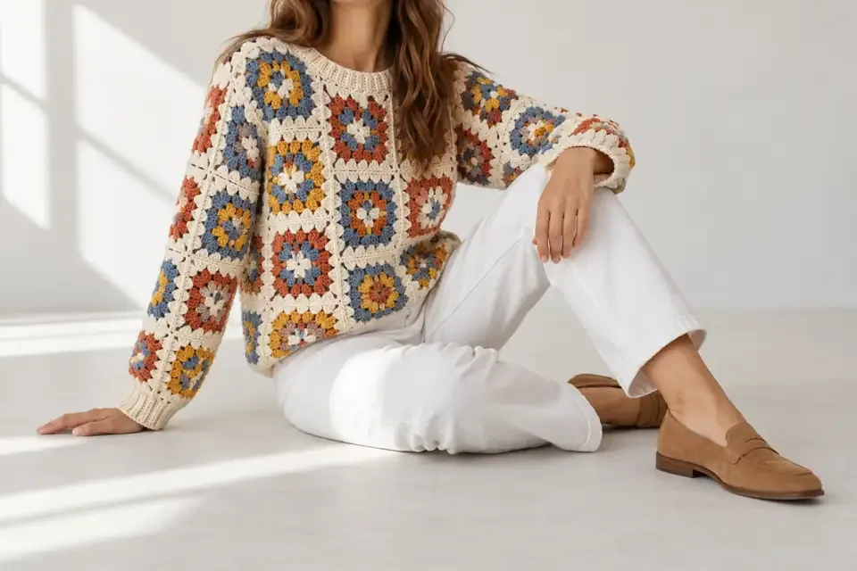 Colorful granny-square crochet sweater paired with crisp white straight-leg jeans