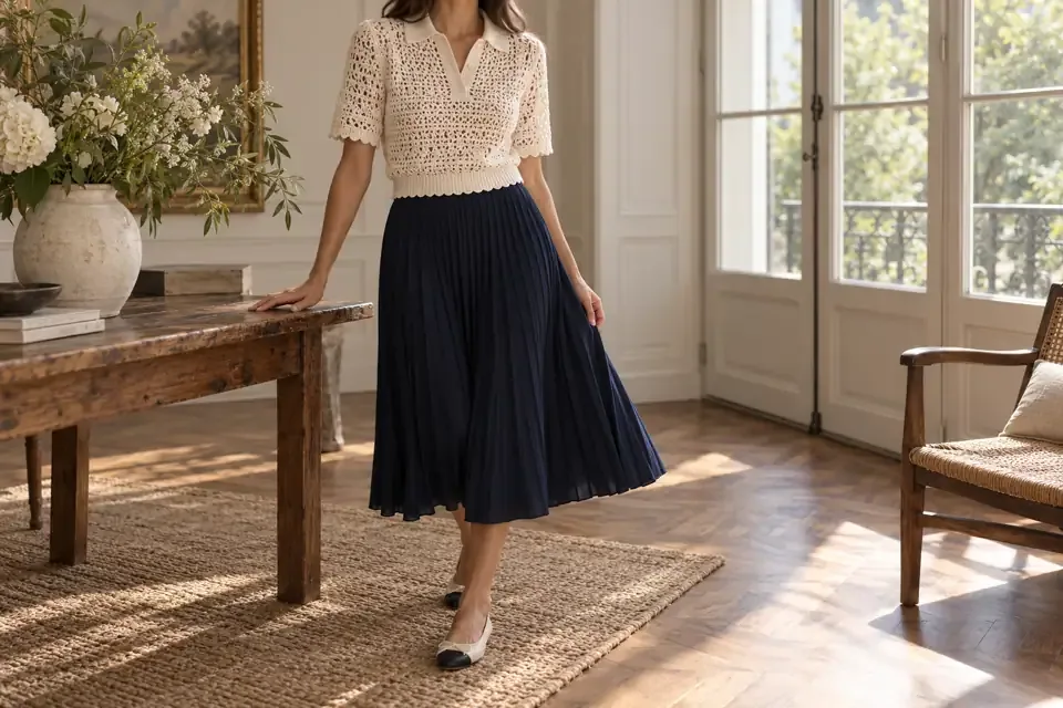 Ivory crochet polo sweater with scalloped cuffs styled with a navy pleated midi skirt
