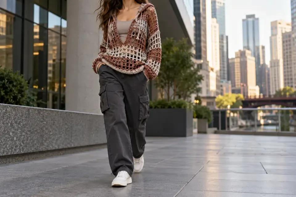 Light rust and oatmeal hooded crochet pullover paired with charcoal cargo trousers