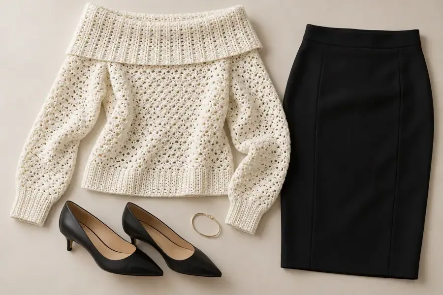 Ivory crochet sweater styled with a black pencil skirt and pointed pumps