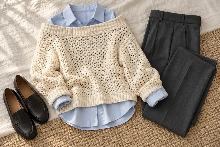 Cream crochet sweater layered over a pale blue collared shirt with charcoal trousers