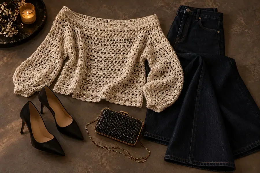 Ivory crochet sweater styled with dark wide-leg denim, black heels, and an evening clutch