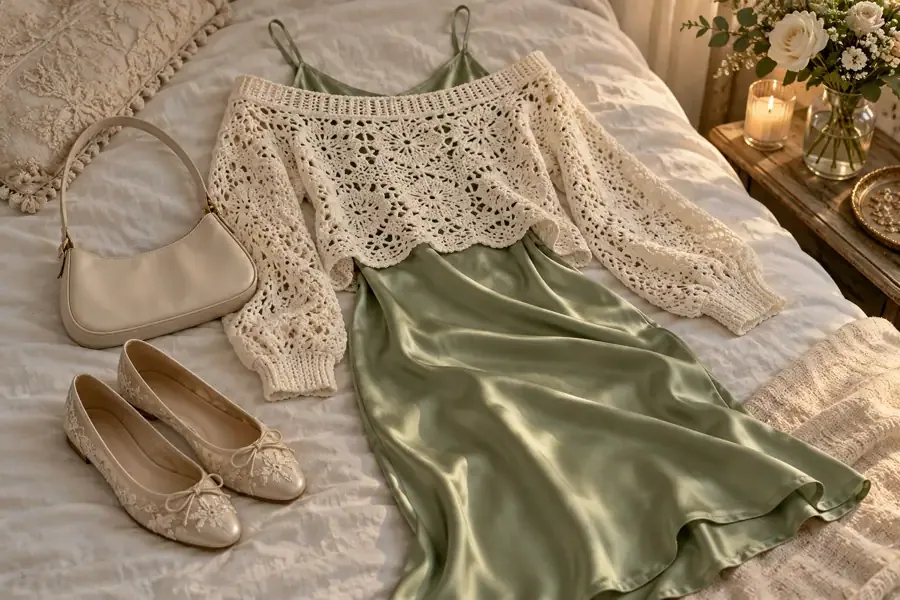 Ivory crochet sweater layered over a muted sage satin slip dress with neutral flats
