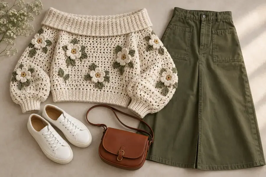 Ivory crochet sweater with floral motifs paired with an olive utility midi skirt