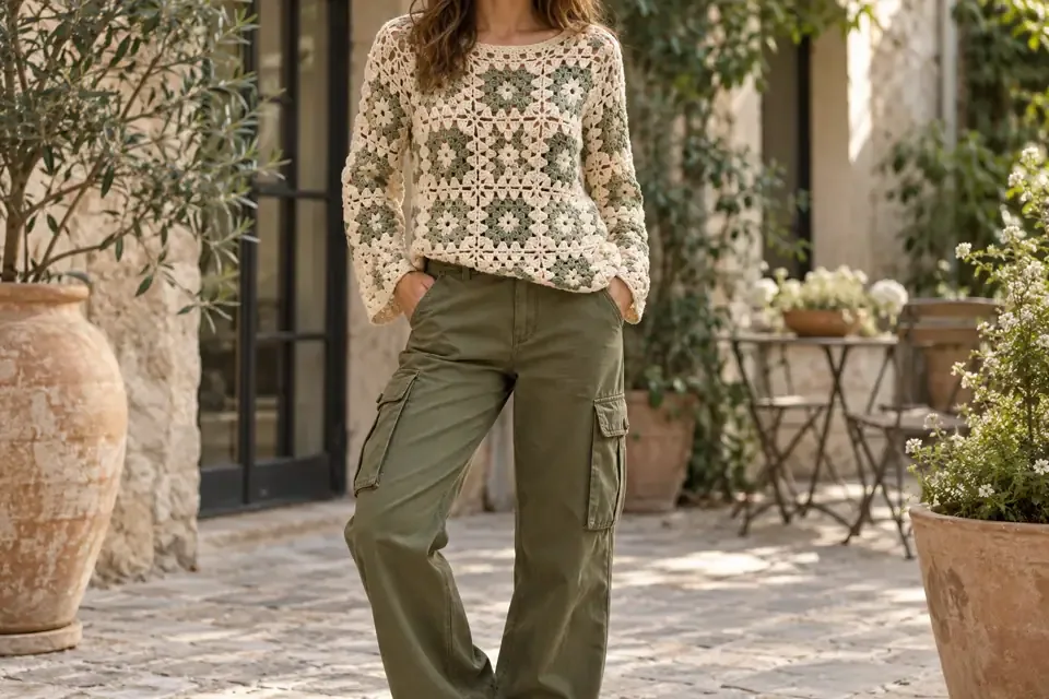 floral motif crochet sweater utility pants