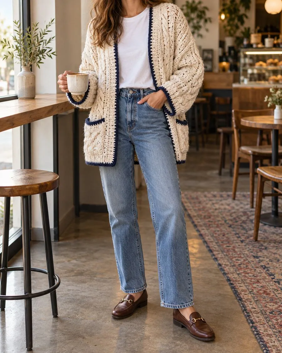 Oversized cream crochet cardigan with cable texture, white tee, blue straight-leg jeans and loafers.
