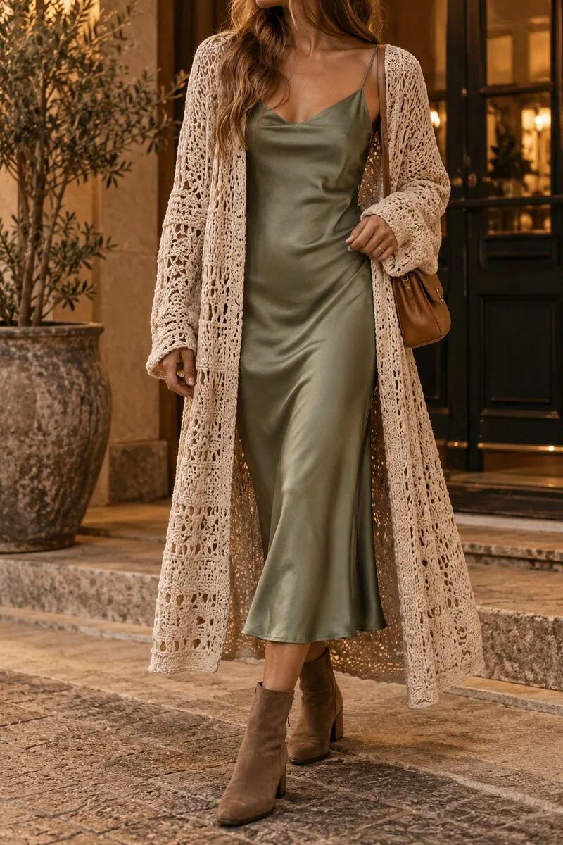 Long cream crochet cardigan over a muted sage satin slip dress with ankle boots.