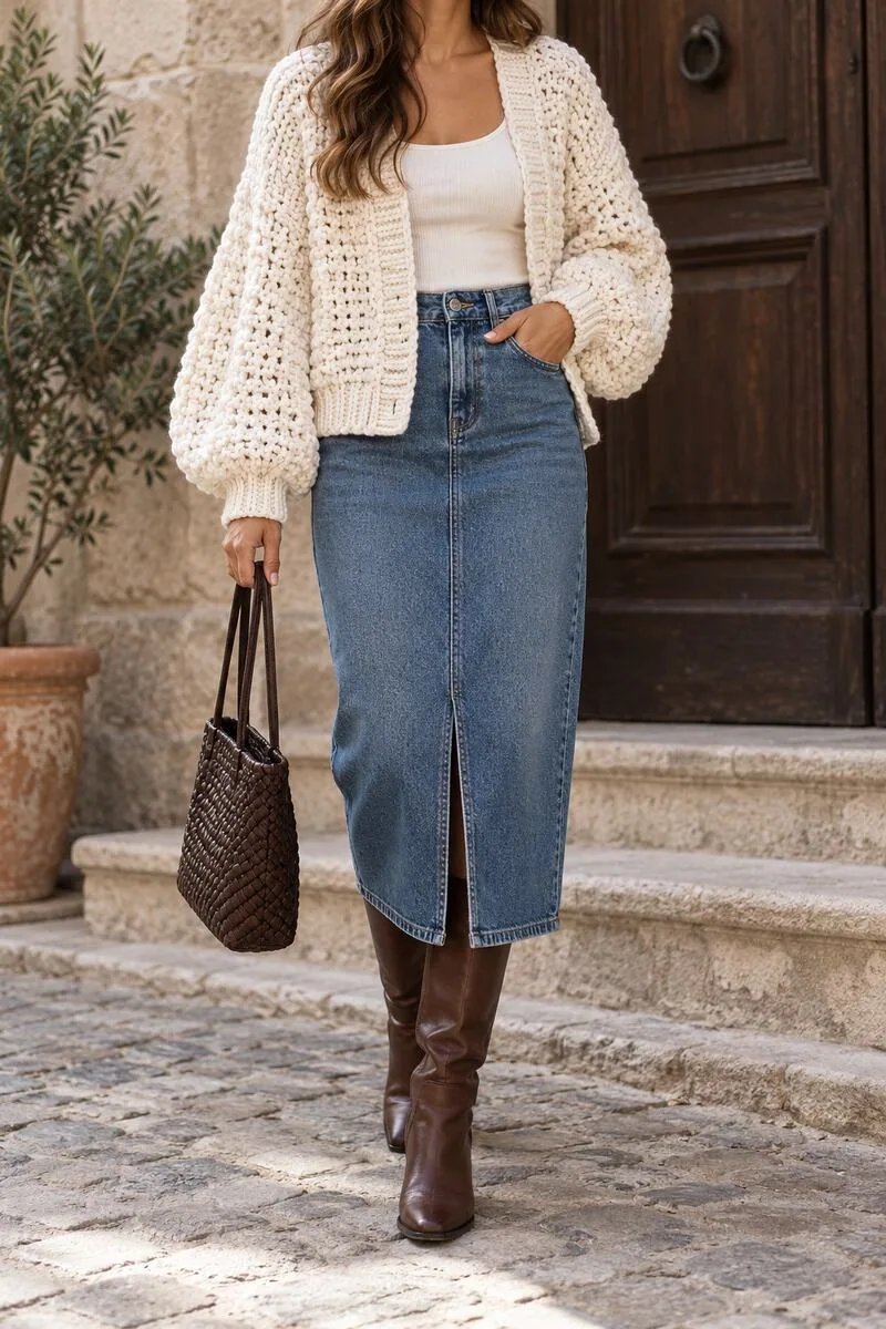 Cream crochet cardigan with balloon sleeves paired with a straight denim midi skirt and fitted tank.