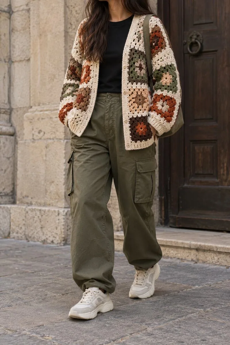 Patchwork crochet cardigan in muted cream, rust and moss tones with olive cargo pants and sneakers.