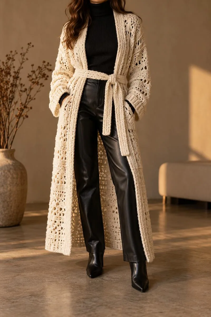 Long cream crochet coatigan tied at the waist over a black turtleneck and straight leather-look trousers.