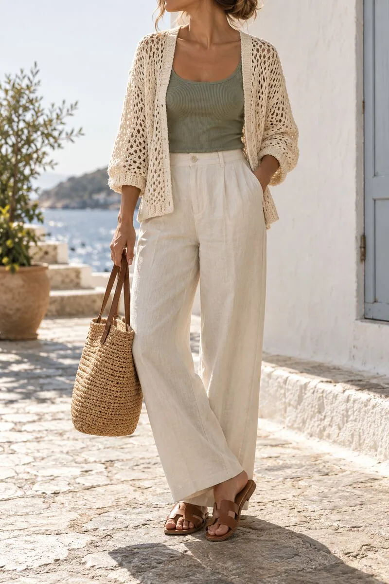 Airy cream crochet mesh cardigan over a sage tank with relaxed ivory linen trousers and slides.